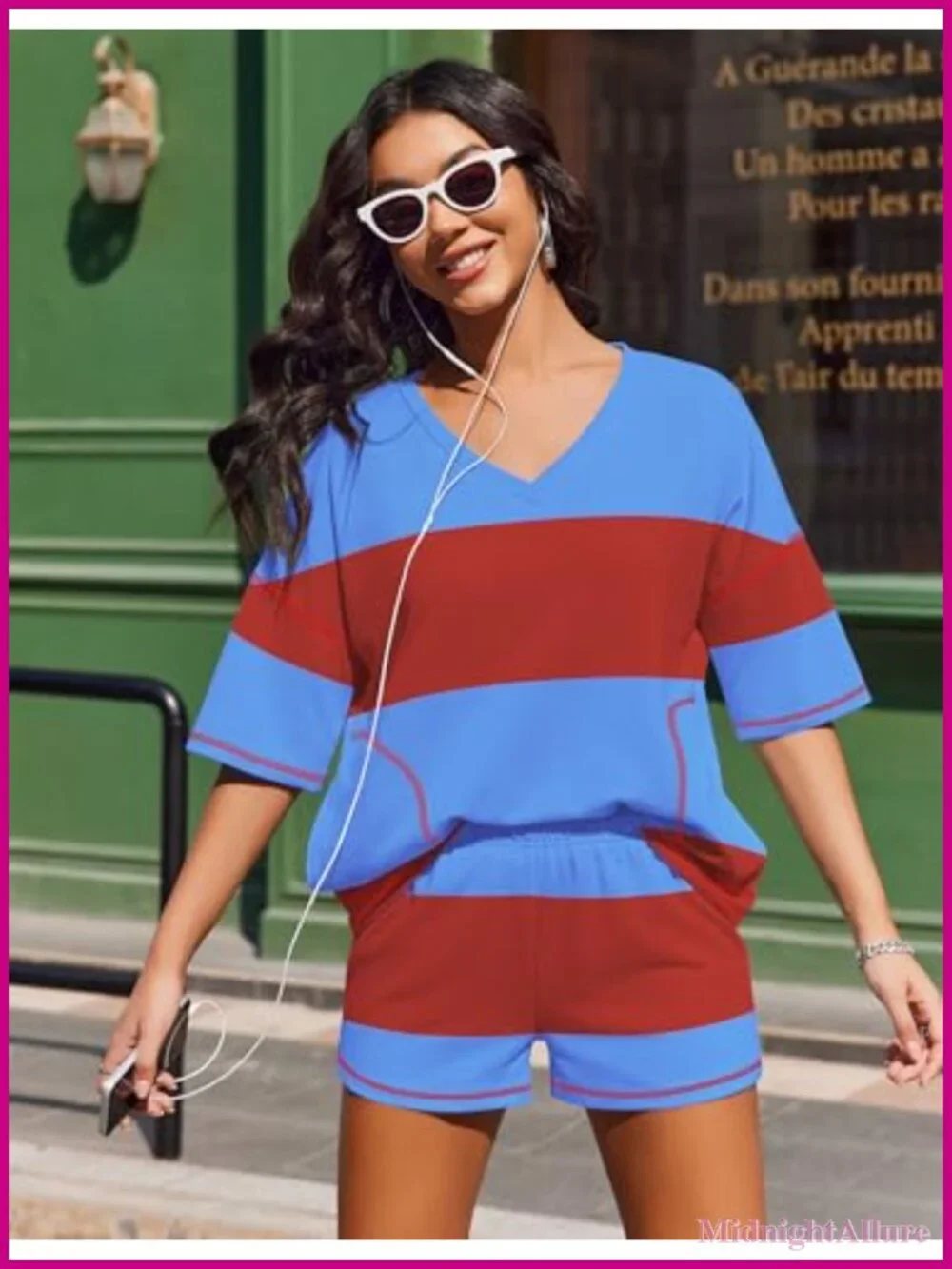 Women's Lounge Short Set 2 Piece Oversized Casual Outfit V Neck Top with Pockets